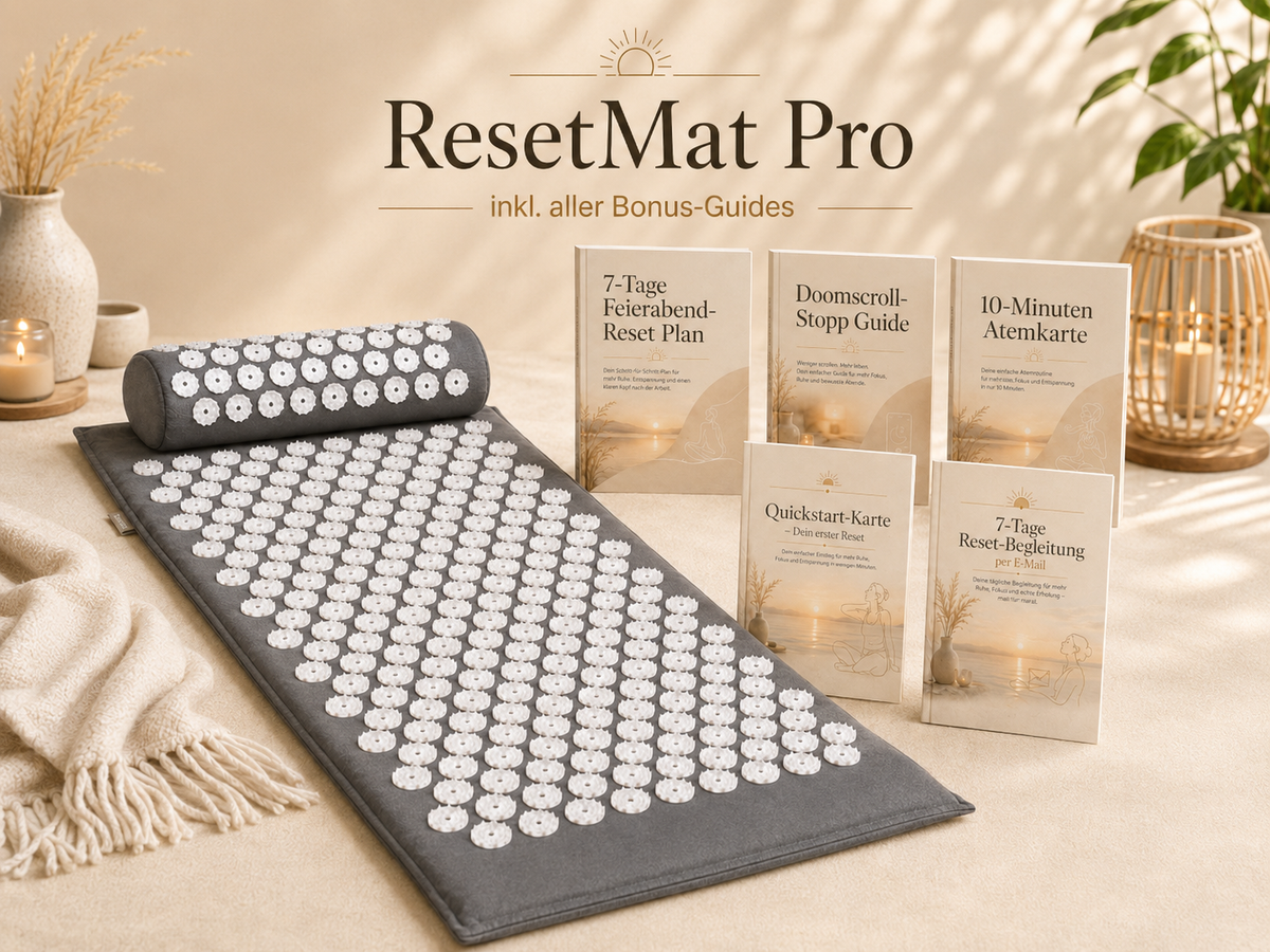 ResetMat Pro Set in Hellgrau mit Akupressurmatte, Kissen und fünf digitalen Begleitern